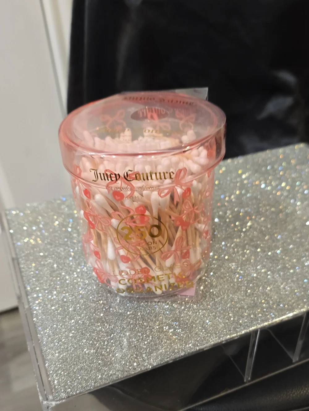 Juicy Couture Home Heart Cherries & Bow Lidded Glass Cosmetic Organizer w/Swabs